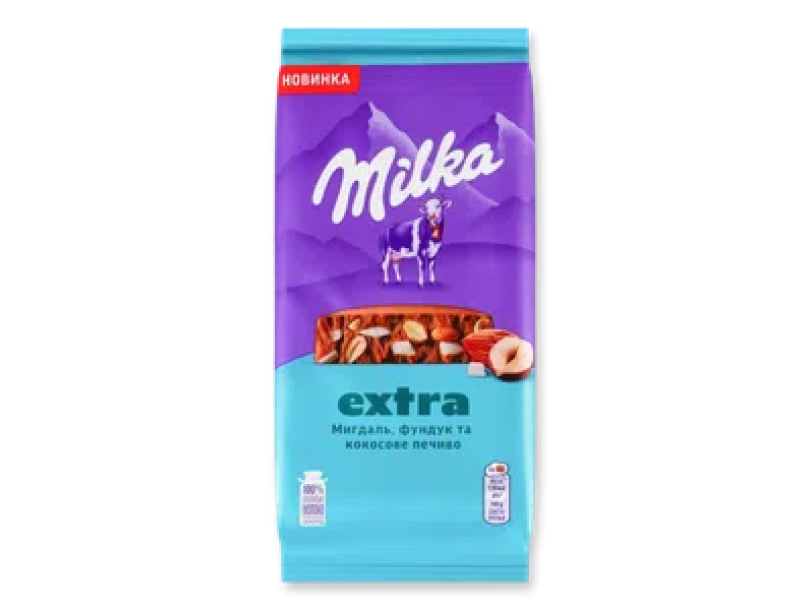 Шоколад молочный Milka Экстра миндаль, фундук и кусочки кокосового печенья 130г